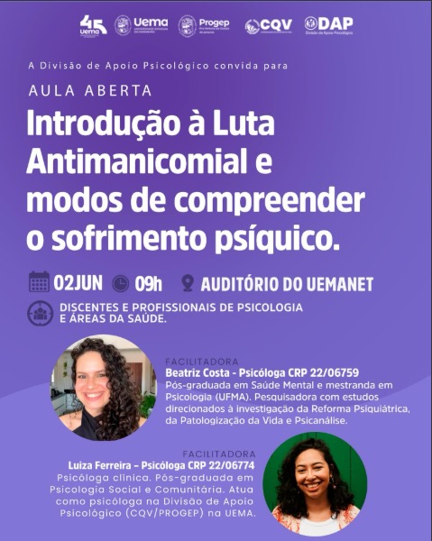 Uema promove aula aberta sobre luta antimanicomial, saúde mental e direitos humanos