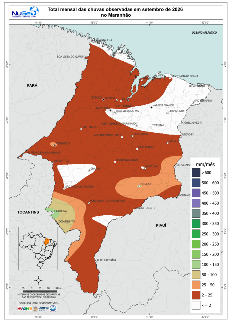 Boletim do NuGeo/Uema aponta chuvas abaixo do normal em grande parte do Maranhão em setembro